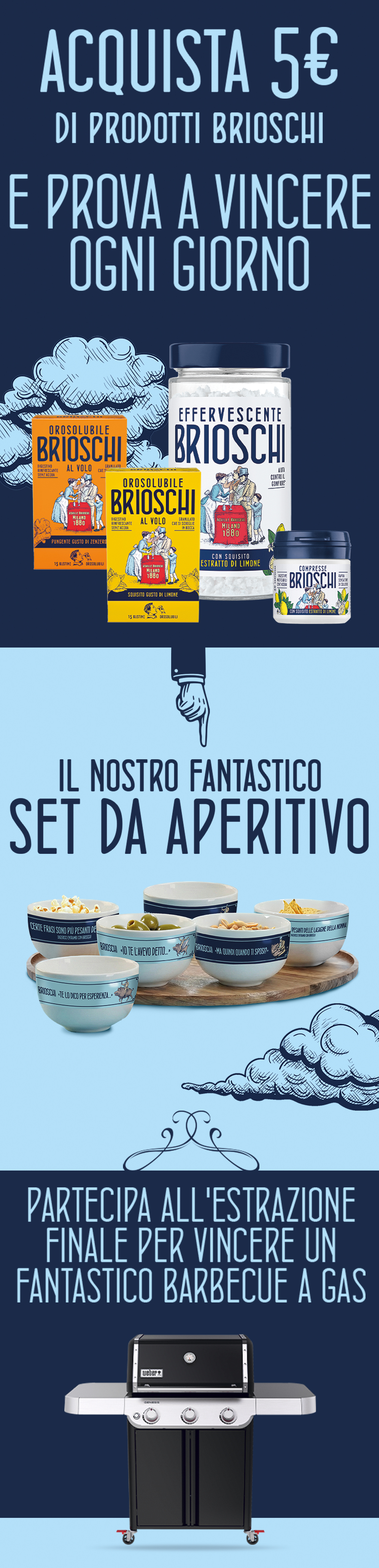 Immagine per smartphone che spiega la meccanica del concorso: Acquista 5€ di prodotti Brioschi puoi vincere ogni giorno 1 set aperitivo e in estrazione finale un barbecue a gas
