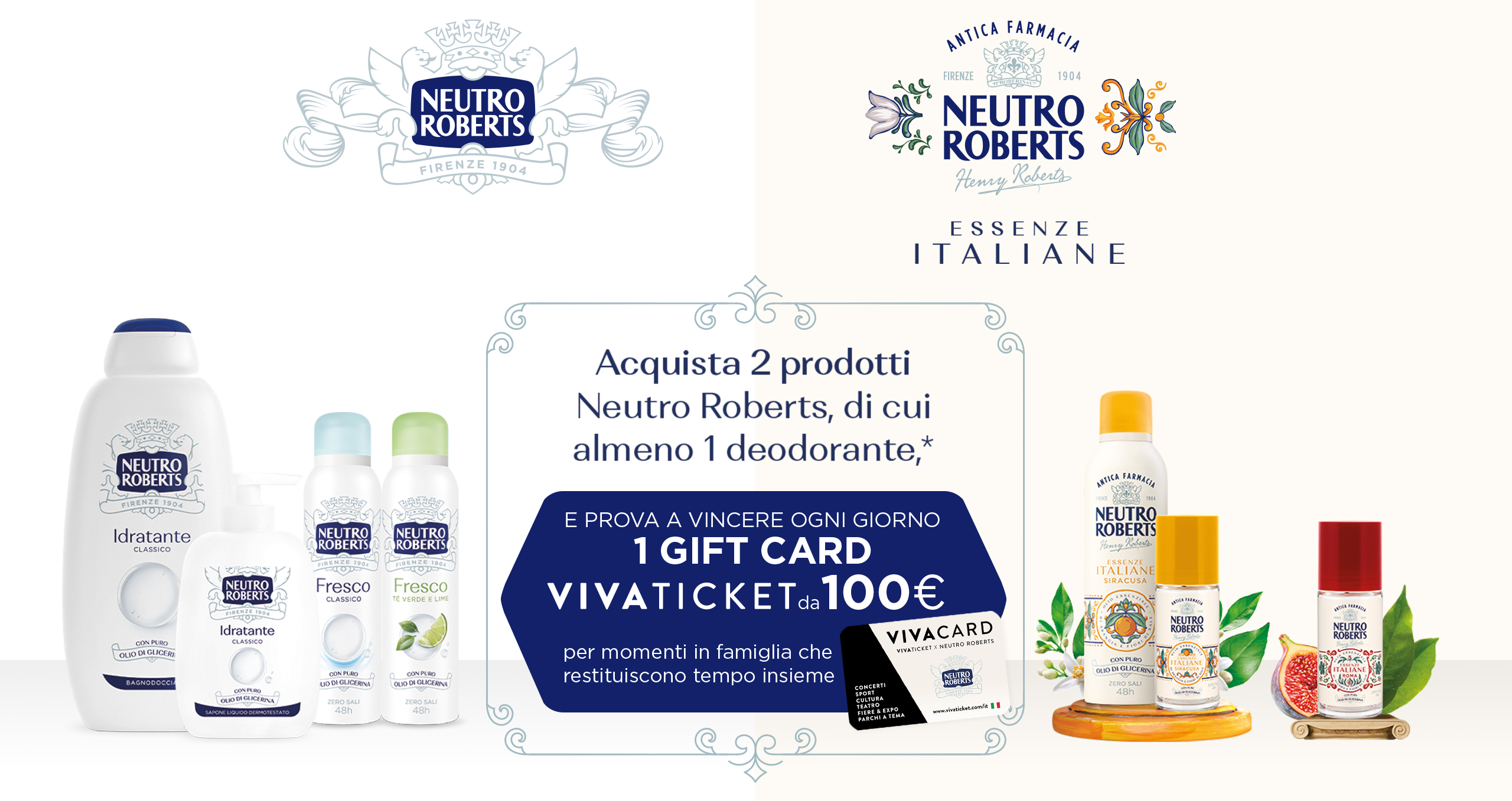 Immagine desktop che spiega la meccanica del concorso: Con l'acquisto di 2 prodotti Neutro Roberts di cui almeno 1 deodorante puoi vincere ogni giorno 1 gift card da 100€