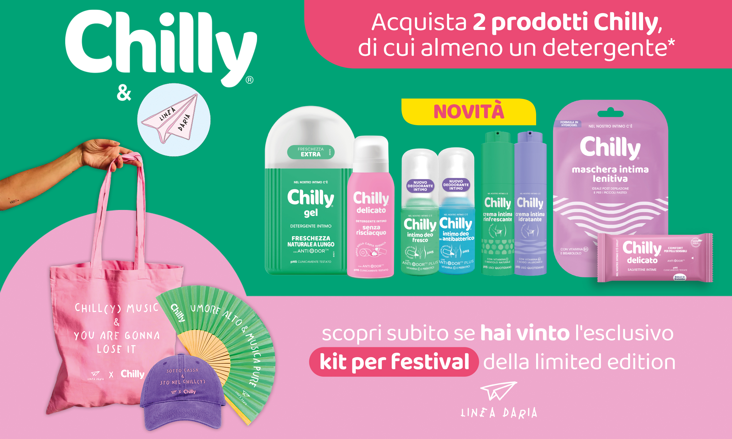 Immagine desktop che spiega la meccanica del Concorso Vinci l'iconico kit da festival: Con l'acquisto di 2 prodotti Chilly di cui almeno 1 detergente puoi vincere un festival starter pack
